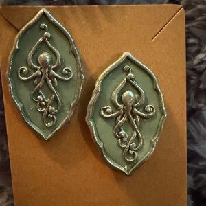 Silver and Green Octopus Handmade Polymer Clay Earrings